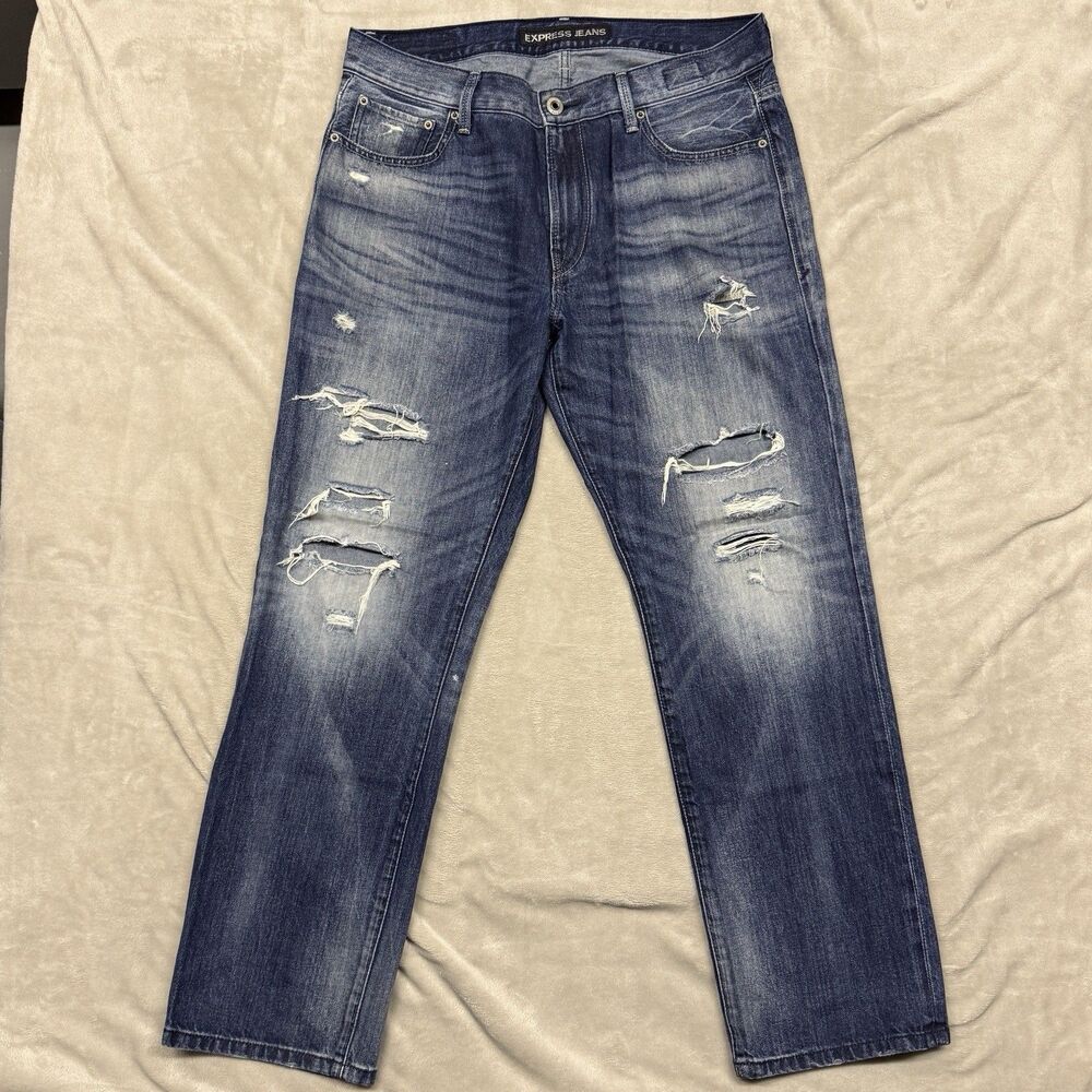 EUC - EXPRESS MEN Jeans 33x32 Denim Blake Loose Fit Strait Leg Distressed